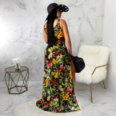 Floral Print Mesh High Split Sexy Beach Maxi Dress SMR-9680