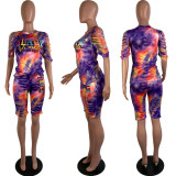 Plus Size Fashion Casual Tie-dye Letter Print Two Piece Set With Mask LUO-3098