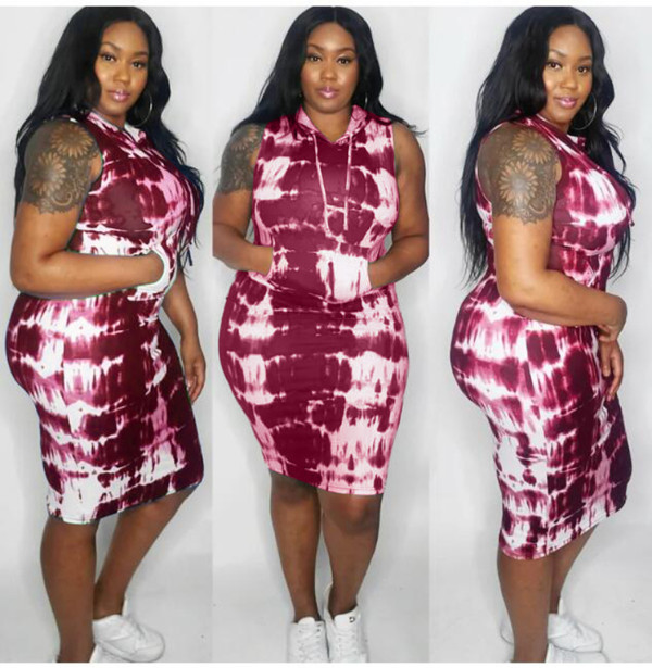 Plus Size Hooded Sleeveless Tie Dye Print Dress KSN-8019