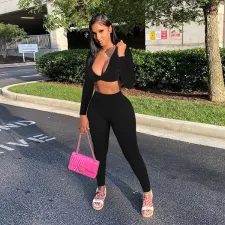 Solid Long Sleeve V Neck Yoga 2 Piece Pants Set GLF-8010