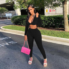 Solid Long Sleeve V Neck Yoga 2 Piece Pants Set GLF-8010