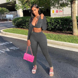 Solid Long Sleeve V Neck Yoga 2 Piece Pants Set GLF-8010