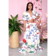 Sexy Sweet Print Short Sleeve Top And Long Skirt Two Piece Set SFY-159