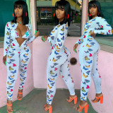 Butterfly Print Zipper Skinny Jumpsuit Without Bra BGN-101