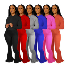 Solid Hooded Flared Pants Two Piece Sets IV-8120