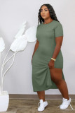 Solid O Neck Short Sleeve Split Midi Dress HM-6332