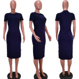 Solid O Neck Short Sleeve Split Midi Dress HM-6332