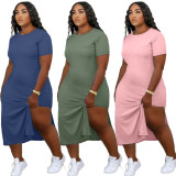 Solid O Neck Short Sleeve Split Midi Dress HM-6332