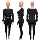 Casual Sports Ribbed Long Sleeve Two Piece Set NIK-174