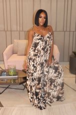 Casual Print Spaghetti Strap Loose Big Swing Jumpsuit BGN-105