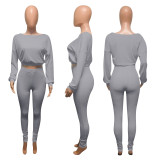 Casual Sports Ribbed Long Sleeve Two Piece Set NIK-174