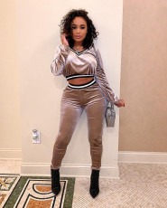 Solid Color V Neck Velvet Long Sleeve Top And Pants Set LM-8186
