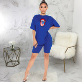 Lips Print Short Sleeve Two Piece Shorts Set SMR-9689