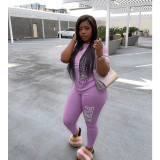 Plus Size Pink Letter Print Short Sleeve Two Piece Pants Set YIM-8101-1