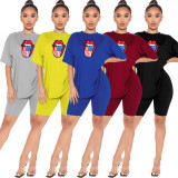 Lips Print Short Sleeve Two Piece Shorts Set SMR-9689