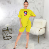 Lips Print Short Sleeve Two Piece Shorts Set SMR-9689