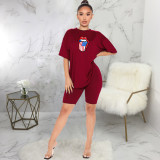 Lips Print Short Sleeve Two Piece Shorts Set SMR-9689