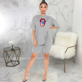 Lips Print Short Sleeve Two Piece Shorts Set SMR-9689