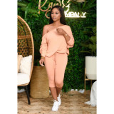 Solid Oblique Collar Cropped Pants Two Piece Sets YIM-139