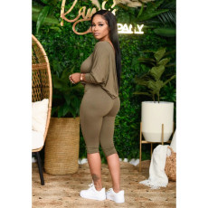Solid Oblique Collar Cropped Pants Two Piece Sets YIM-139