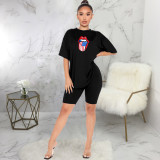 Lips Print Short Sleeve Two Piece Shorts Set SMR-9689