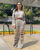 Casual Solid Color Ripped Hole Sweatshirts Pants Set TR-1065