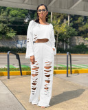 Casual Solid Color Ripped Hole Sweatshirts Pants Set TR-1065