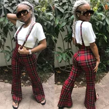 Trendy Plaid Print Straps Flared Jumpsuits LSL-6151