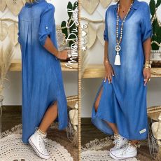 Fashion Lapel Split Sexy Long Maxi Denim Dress ORY-5168