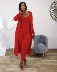 Casual Rib Long Sleeve Coat + Slim Fit jumpsuit Two Piece Set TR-1068