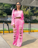 Casual Solid Color Ripped Hole Sweatshirts Pants Set TR-1065