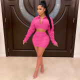Plus Size Ruched Long Sleeve Mini Skirt Sets HM-6341