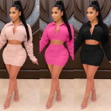 Plus Size Ruched Long Sleeve Mini Skirt Sets HM-6341