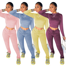 Solid Long Sleeves Ruched Two Piece Pants Set MOF-5181