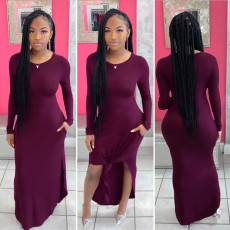 Plus Size Solid Long Sleeve Split Maxi Dress SFY-164