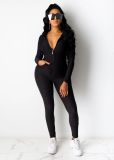 Solid Hooded Zipper Long Sleeves 2 Piece Pants Set XMY-9261