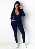 Solid Hooded Zipper Long Sleeves 2 Piece Pants Set XMY-9261