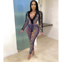 Snake Print Mesh See Through Bodysuit And Pants Set LM-8180