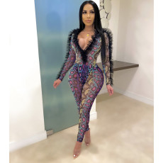 Snake Print Mesh See Through Bodysuit And Pants Set LM-8180