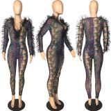 Snake Print Mesh See Through Bodysuit And Pants Set LM-8180
