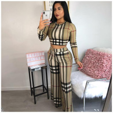 Fashion Classic Plaid Print Long Sleeve Top And Pants Two Piece Set ORY-5057