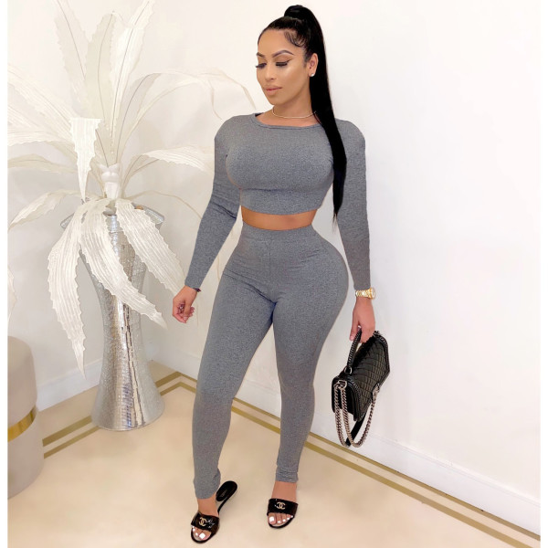 Solid Long Sleeve Two Piece Pants Set CHY-1251