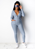 Solid Hooded Zipper Long Sleeves 2 Piece Pants Set XMY-9261