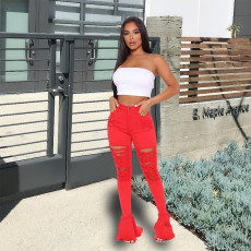 Denim Ripped Hole High Waist Flared Jeans YH-5175