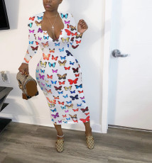 Butterfly Print Long Sleeve Slim Midi Dress WSM-5194