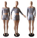 Plus Size Solid Sexy Off Shoulder Two Piece Shorts Set YIM-134