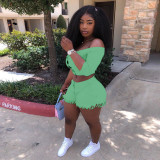 Plus Size Solid Sexy Off Shoulder Two Piece Shorts Set YIM-134