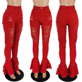 Denim Ripped Hole High Waist Flared Jeans YH-5175