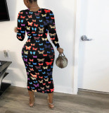 Butterfly Print Long Sleeve Slim Midi Dress WSM-5194
