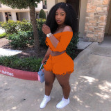 Plus Size Solid Sexy Off Shoulder Two Piece Shorts Set YIM-134
